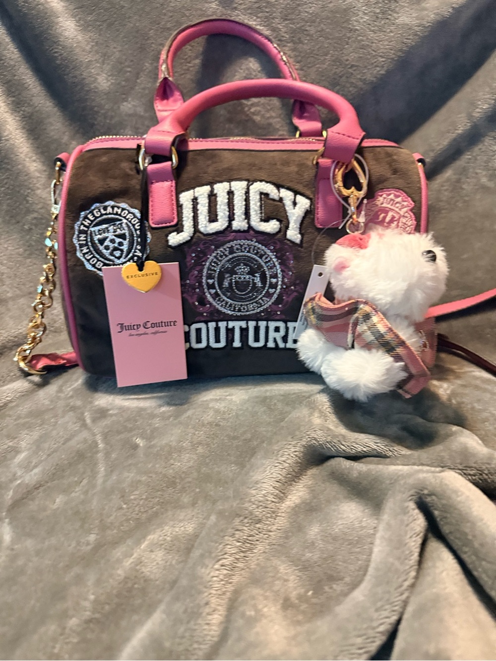 Juicy Couture Brown Suede Satchel with Pink Trim & Plush Charm
